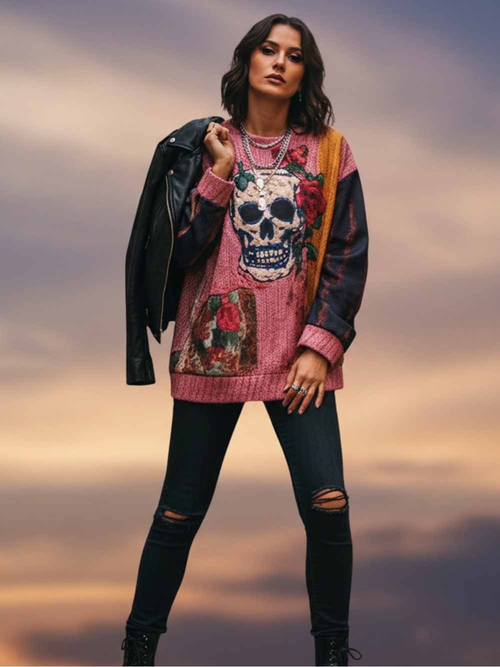 Skull and Roses Sweater look SweatShirt NWOT(runs sm.) 27"p2p. 28" length - Picture 1 of 3